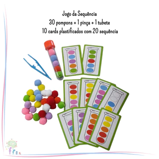 Jogo da Sequência – Kit Sensorial: Pinça, Tubete e Pompons. Coordenação, Foco Percepção Visual – TEA em Oferta na Shopee