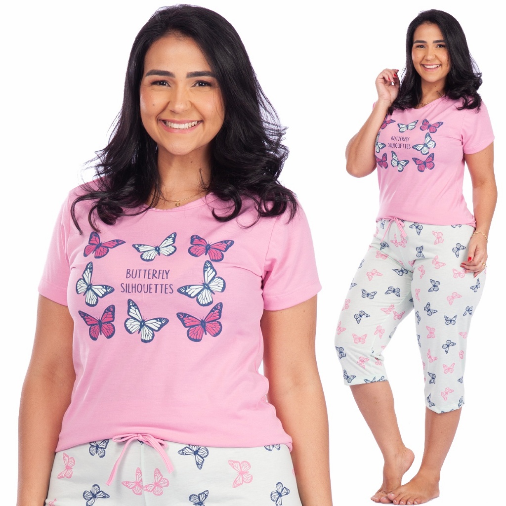 Pijama Capri Feminino Manga Curta Pescador Meia Perna Verão Casual Confortavel em Oferta na Shopee