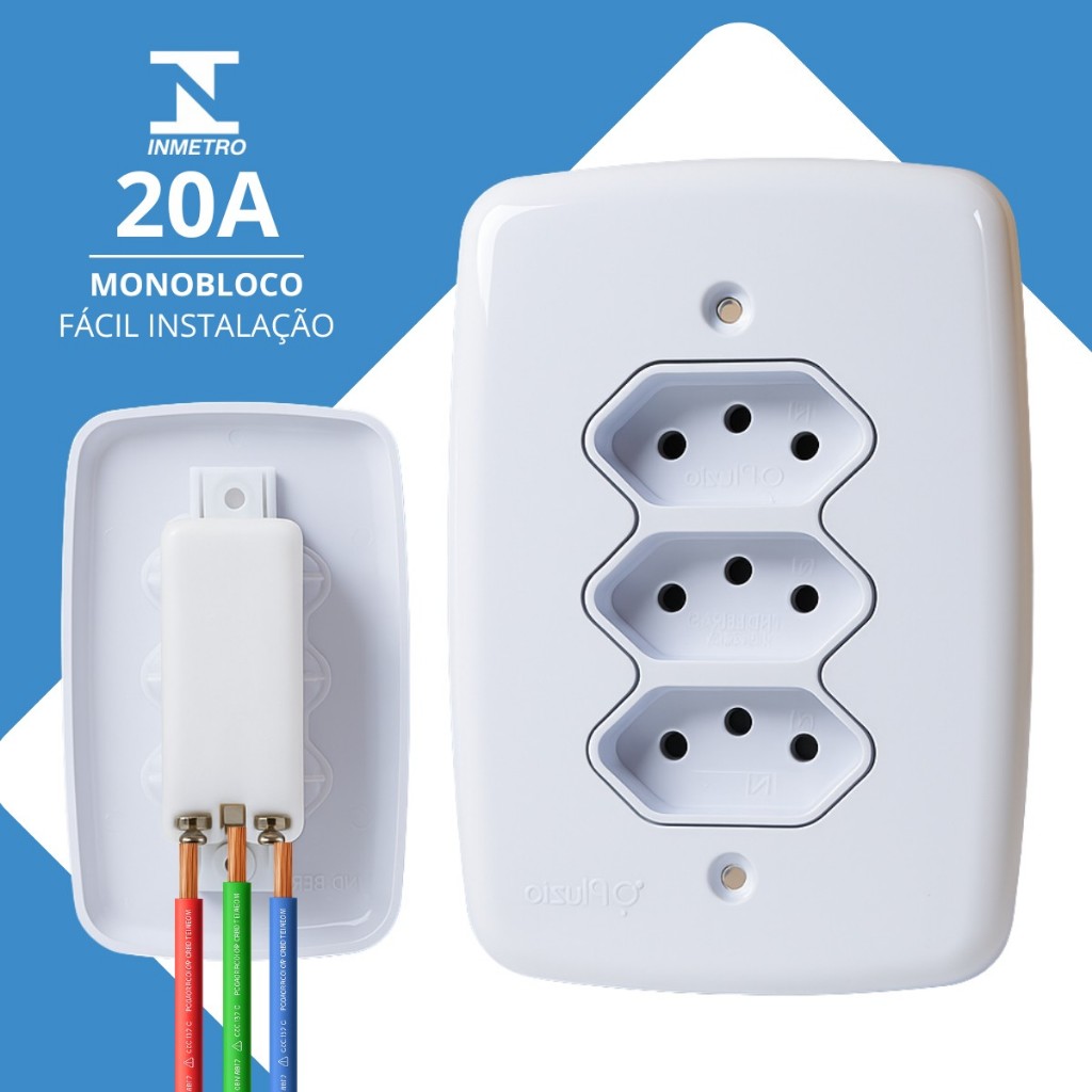 Tomada 20A Amperes Tripla Monobloco Tradicional Pino Grosso | Shopee Brasil