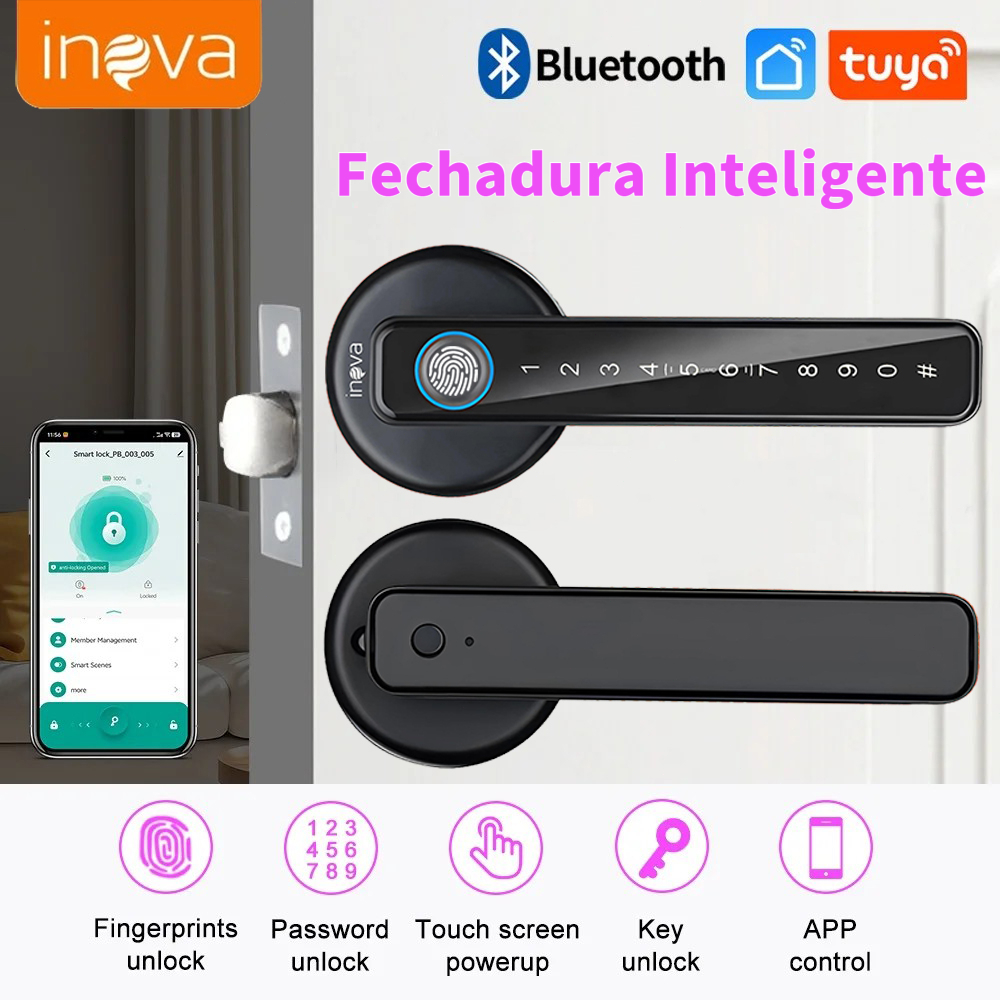 Inova Fechadura Digital Inteligente Tuya de Sobrepor Touch Screen YS-12887 Preta Intelbras Impressão digital senha Chave