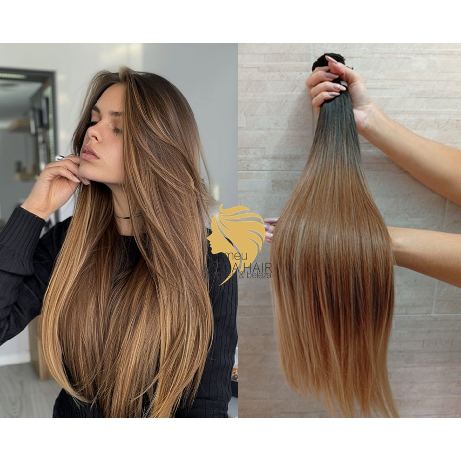 Cabelo Semi Humano Natural Liso Morena Iluminada na Tela 70cm Mega Hair ...