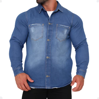 Camisa Jeans Masculina Azul Médio