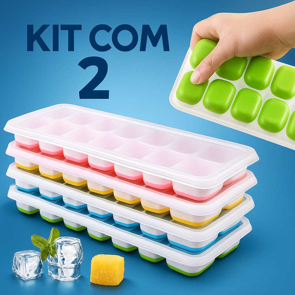 Kit Com 2 Formas De Gelo Retangular 14 Cubos Silicone Rigido Com Tampa