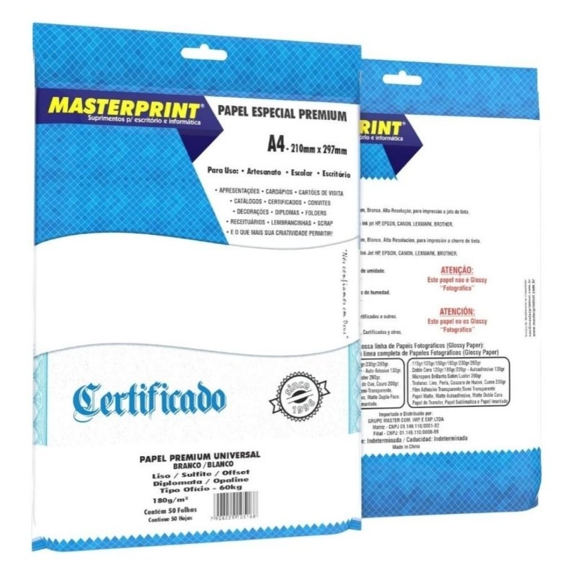 Papel Offset 1000 Folhas 180g Opaline Liso A4 Branco Diplomata Masterprint
