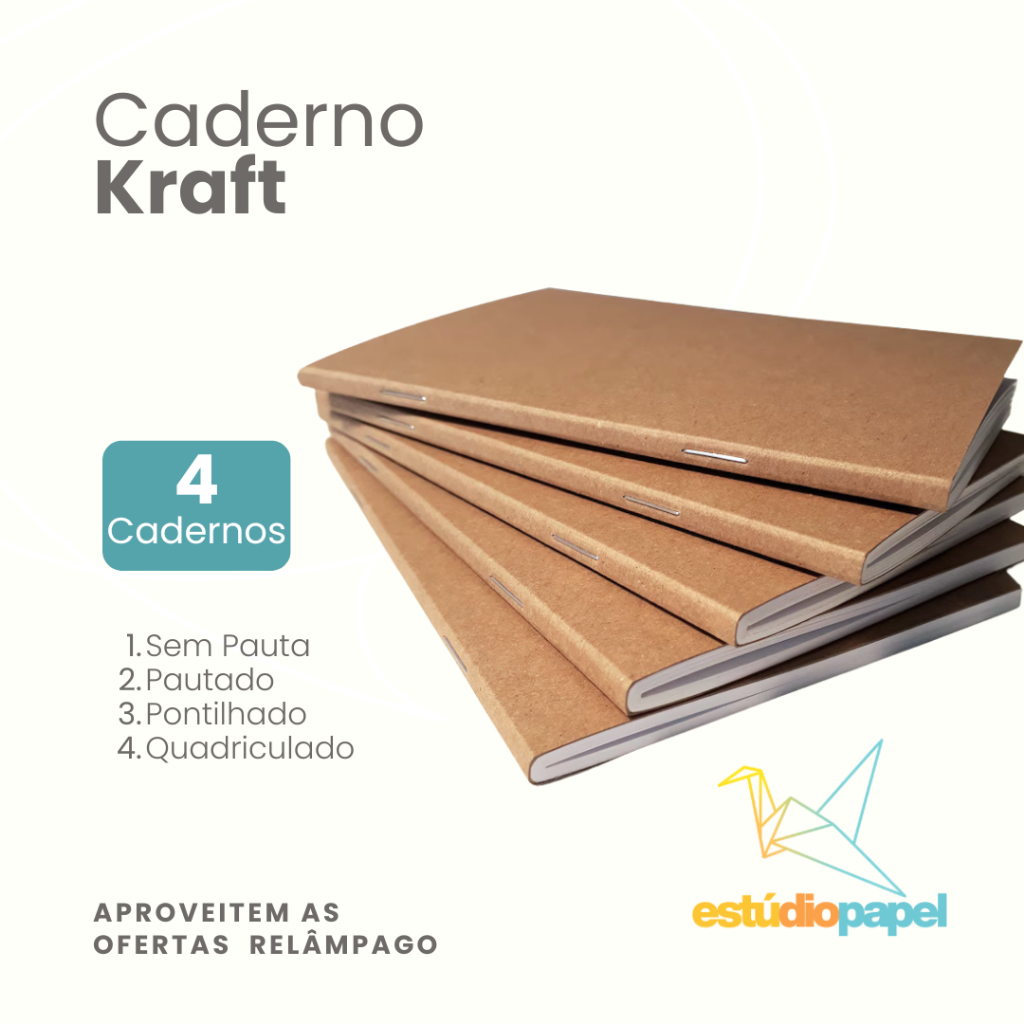 Conjunto 4 Cadernos Sem Pauta Quadriculado Pautado Pontilhado Organização Anotações Desenho