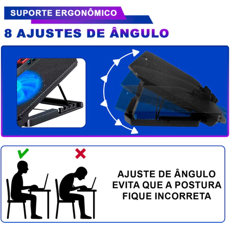 Suporte Base Notebook Preta Com Cooler 12 a 17 Polegadas - Vista 2