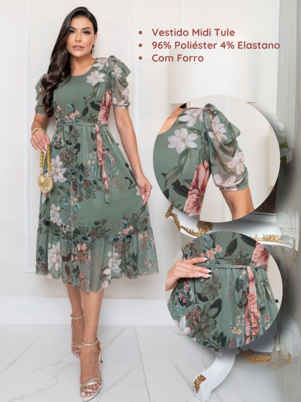 Imagem do produto Vestido Midi Tule Estampado Plus Size Moda Feminina Floral 2