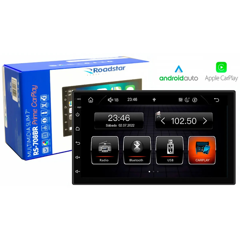 Central Multimídia Universal 7 Pol Carplay Bluetooth Rs708 + Camera de Ré + Kit Espatulas