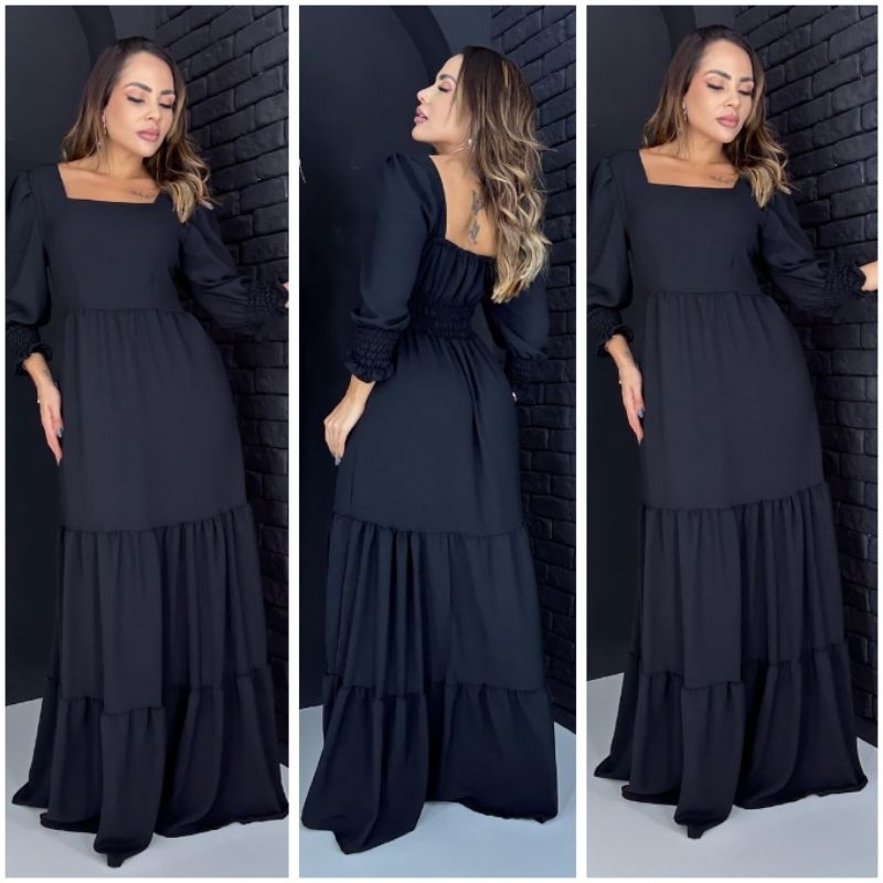 Vestido Longo Feminino Evangélico Manga Longa Luxo Elegante 3 Marias ...