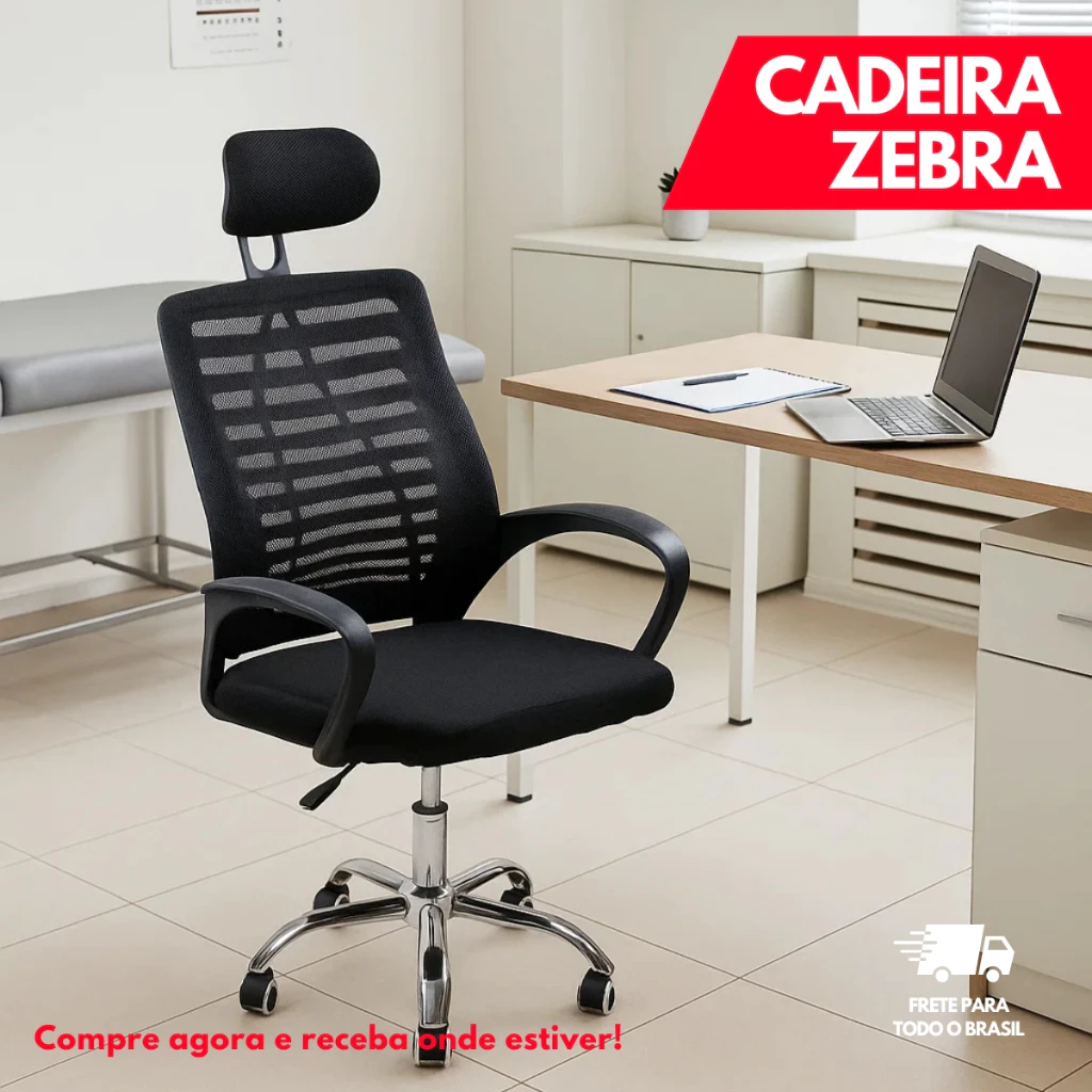 Cadeira De Escritório Giratória Cor Preto Estofado Mesh Com Apoio Encosto Para Cabeça