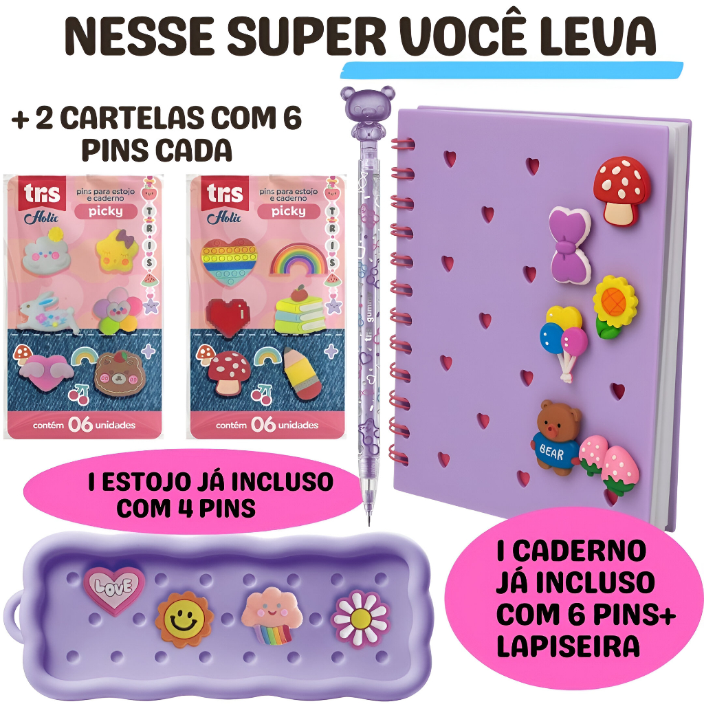 Kit Caderno Com Estojo Personalizável+Lapiseira+ Jibbitx Jibbitz