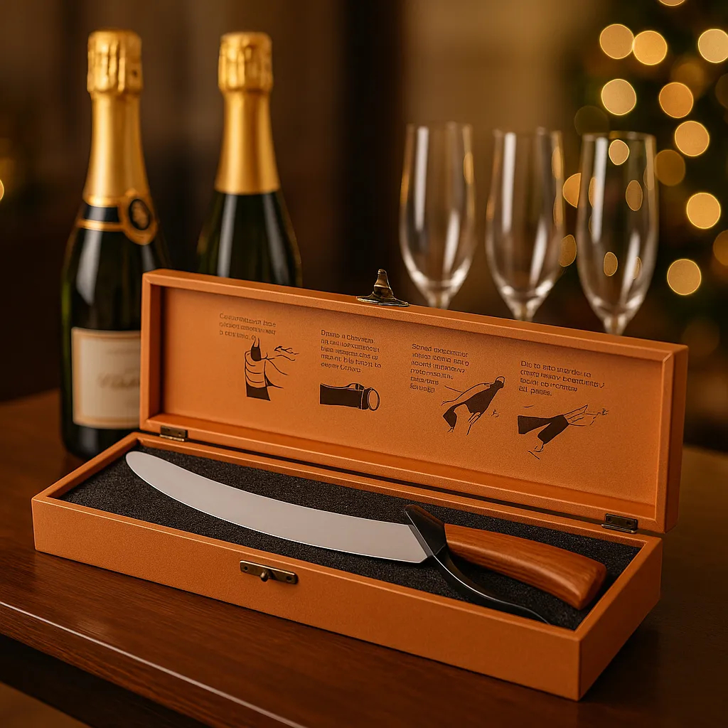 SABRE PARA ABRIR ESPUMANTE CHAMPAGNE BOCCATI CAIXA COURINO MARROM