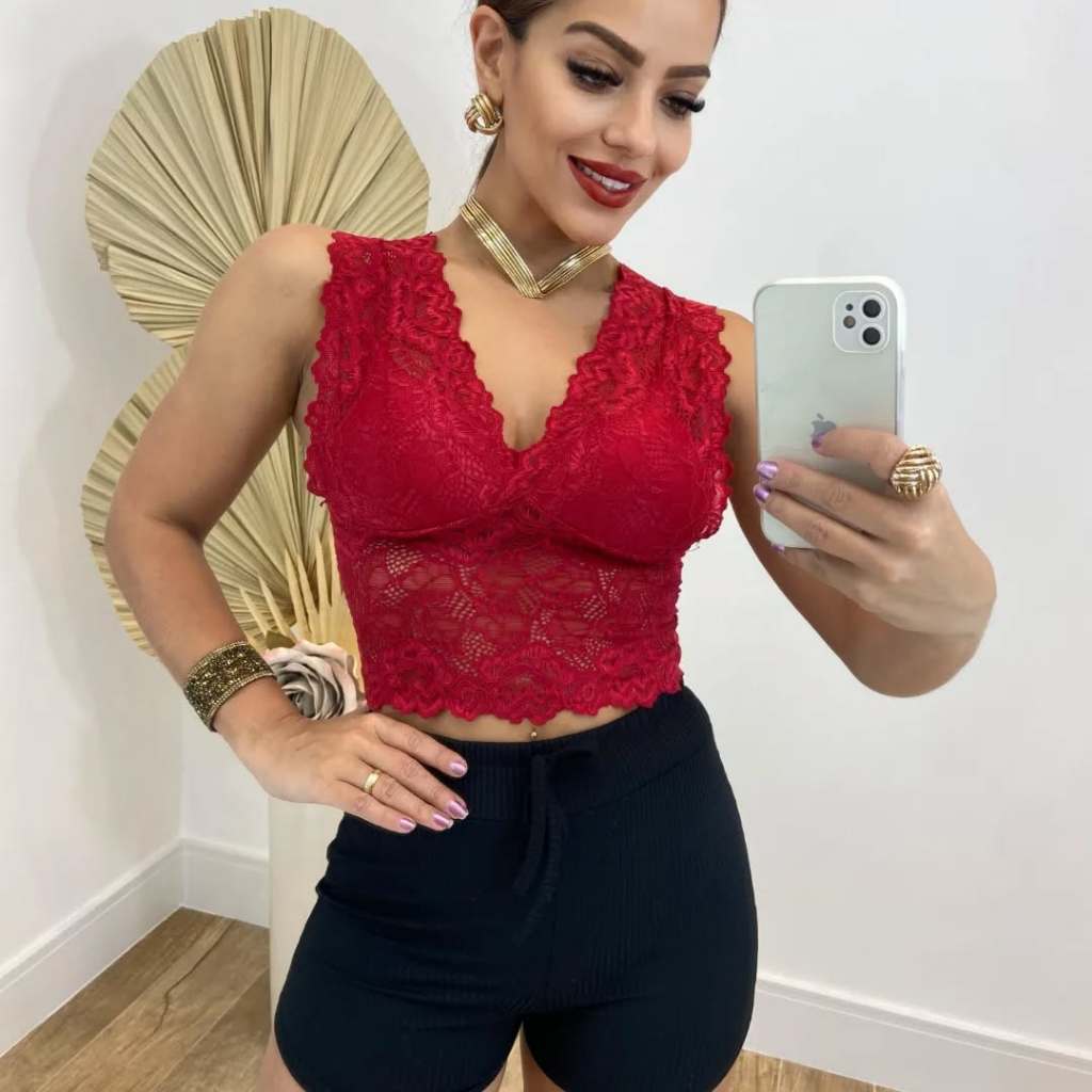Cropped de Renda Feminino Regata Top Com Bojo Alça Larga | Shopee Brasil