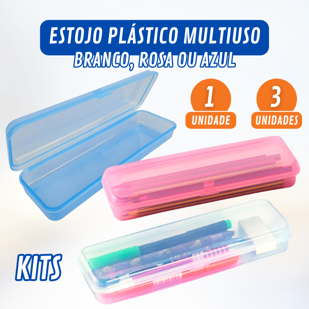 Estojo Plástico Multiuso Organizador Transparente Resistente Escolar ...