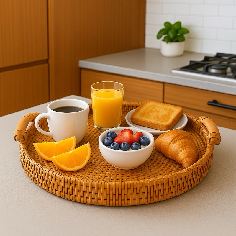 Bandeja De Café da Manhã Porta Temperos Com Alça Vime Decorativa Mesa Cozinha Luxo Bambu