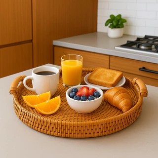 Bandeja De Café da Manhã Porta Temperos Com Alça Vime Decorativa Mesa Cozinha Luxo Bambu
