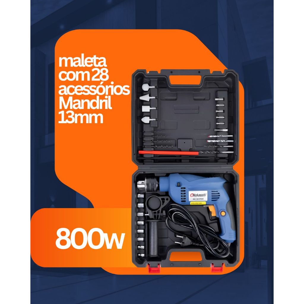 Furadeira parafusadeira com imapcto 13mm 800w 220v + maleta 28