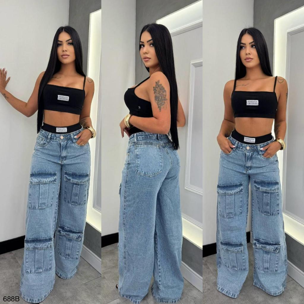 Calça Jeans Cargo Wide Leg Feminina – Sem Lycra, Forma Normal, Bolsos ...