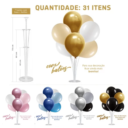 Kit Buquê de Balões Pegue e Monte Profissional Redondo com Suporte de 7 Hastes de Diferentes Alturas
