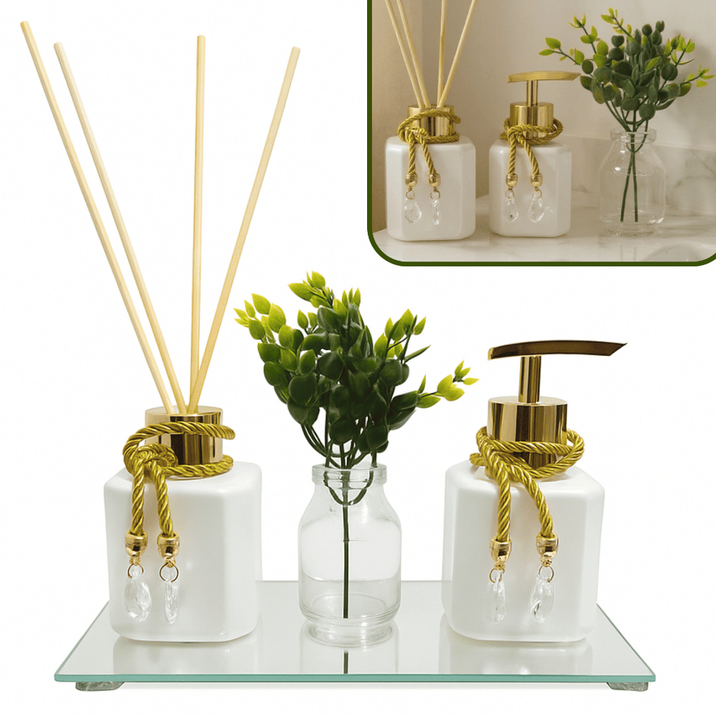 Kit Completo Lavabo Banheiro PLÁSTICO Pet Aromatizador e Saboneteira 200ml Com Bandeja e Vaso Planta