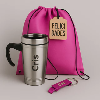Kit Presente Personalizado – Caneca com Nome + Chaveiro com Nome + Mochila Saco TNT
