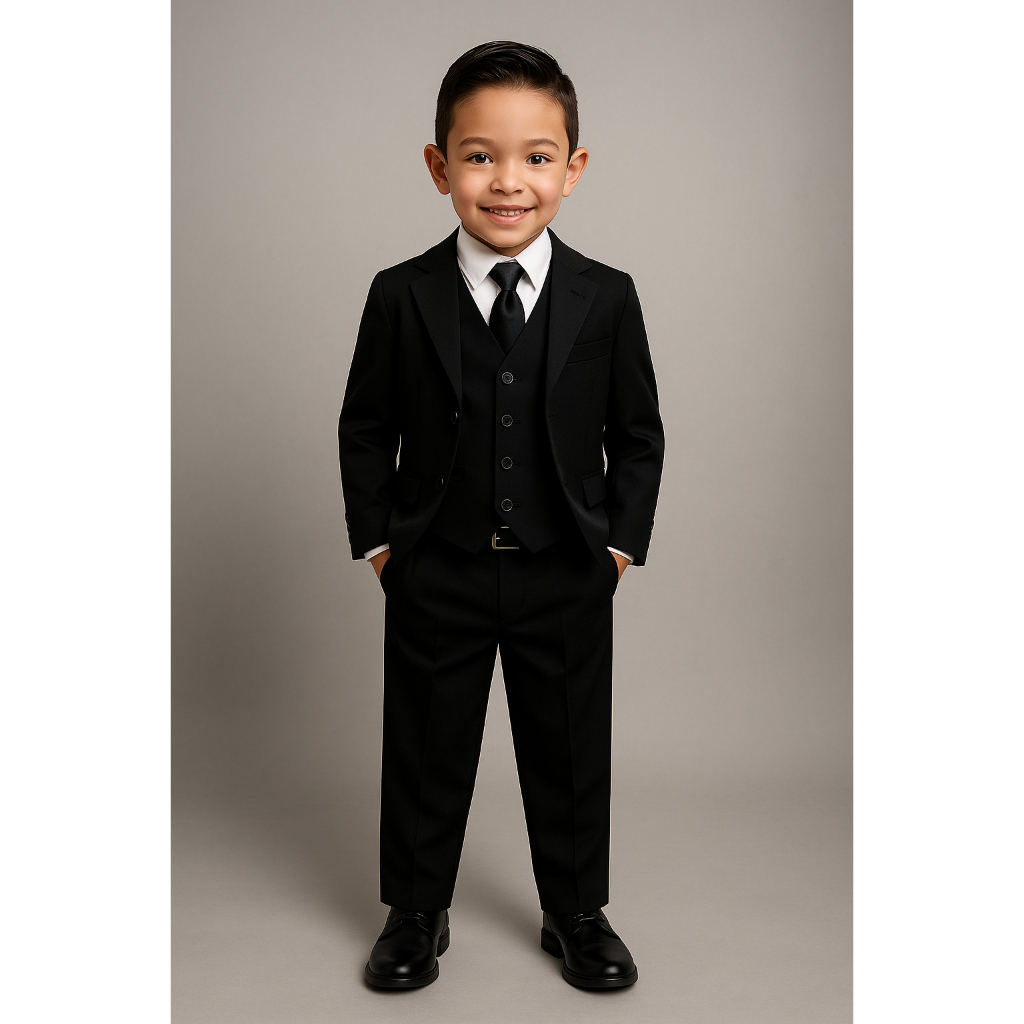 Terno Formal Menino 6 Peças - Paletó, Calça, Colete, Camisa, Gravata E Gravata Borboleta (Preto Ou Cinza)