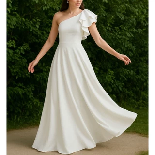 Vestido longo de noiva casamento civil, em crepe de malha Deise