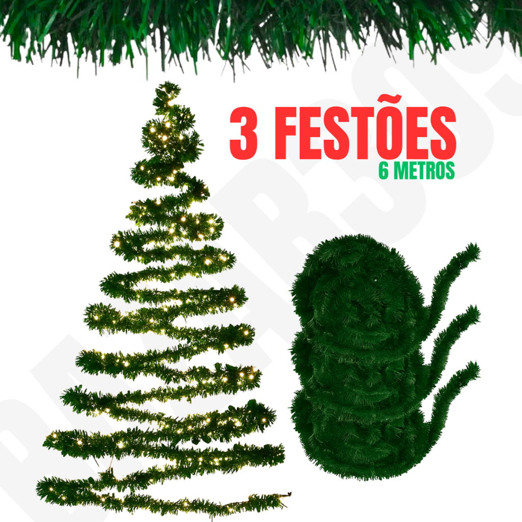 Kit 3 Festão Verde Natal (6m) – Decoração Natalina para Árvores ...