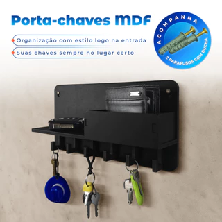 Porta Chaves MDF Preto 6mm com Prateleira e Ganchos para Carteira, Máscaras e Crachás