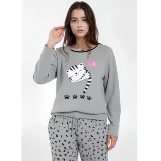 Pijama FB Feminino Gatinho Cinza Malha Premium Adulto Longo Confort Fechado Manga Comprida Inverno em Oferta na Shopee