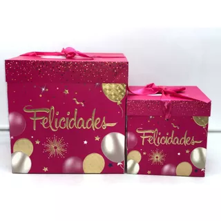 Caixa Presente “Felicidades” com Laço – Tamanhos Pequeno e Grande – Cores Sortidas