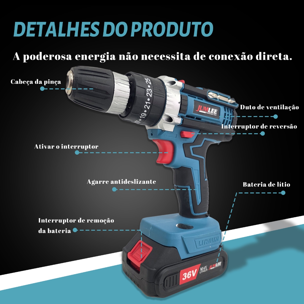 JUMLEE Furadeira Parafusadeira Sem Fio a bateria 36V 6000mAh com