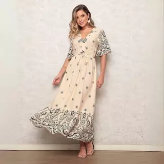 Vestido Longo Floral ou Liso Elegante Casual Estampado Boho Marca Penol em Oferta na Shopee
