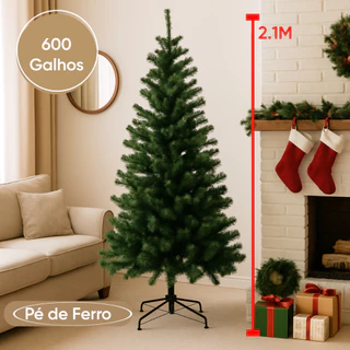 Árvore de Natal 2,1m com 600 Galho Base Metálica, Montagem Simples e Ideal para Decoração de Casas