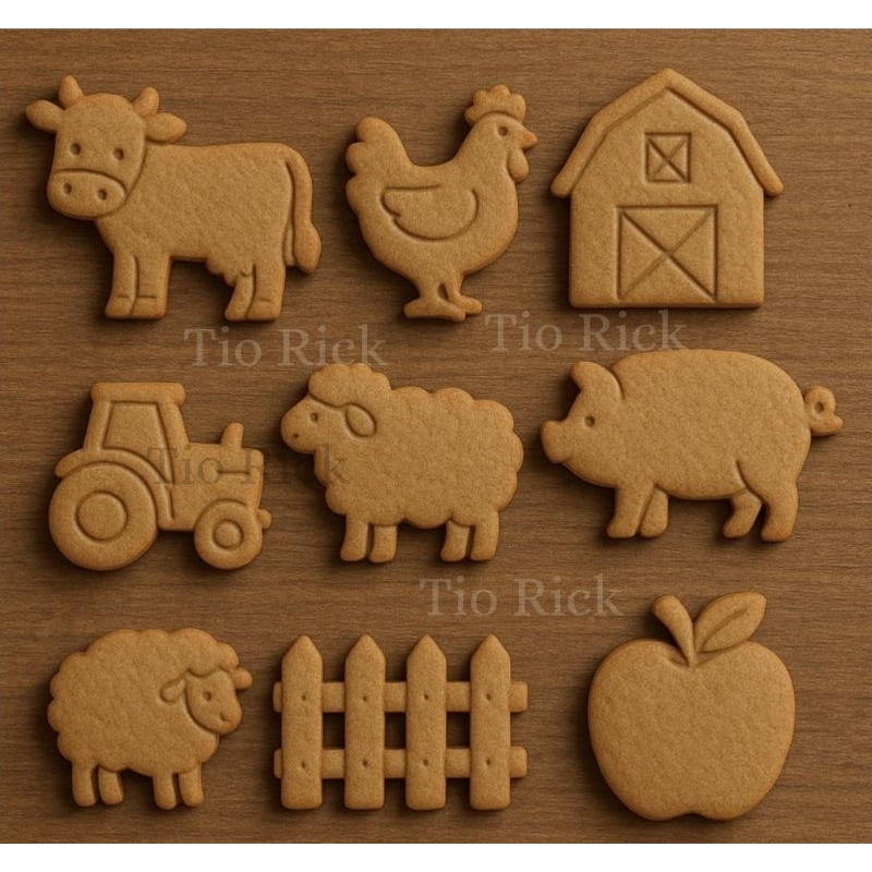 kit 9 cortador/marcador/molde tema fazendinha para biscoitos