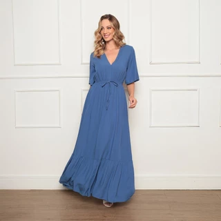 Vestido Longo Feminino Boho Chic Decote V Maxi em Viscolinho Estampa Floral ou Liso em Oferta na Shopee