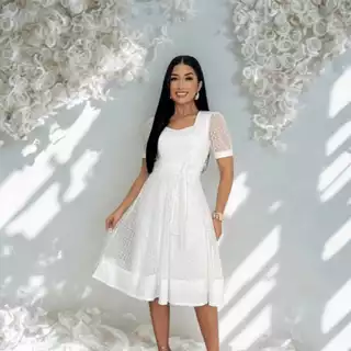 Vestido Branco Midi para Casamento Civil Feminino Manga Tule Poá