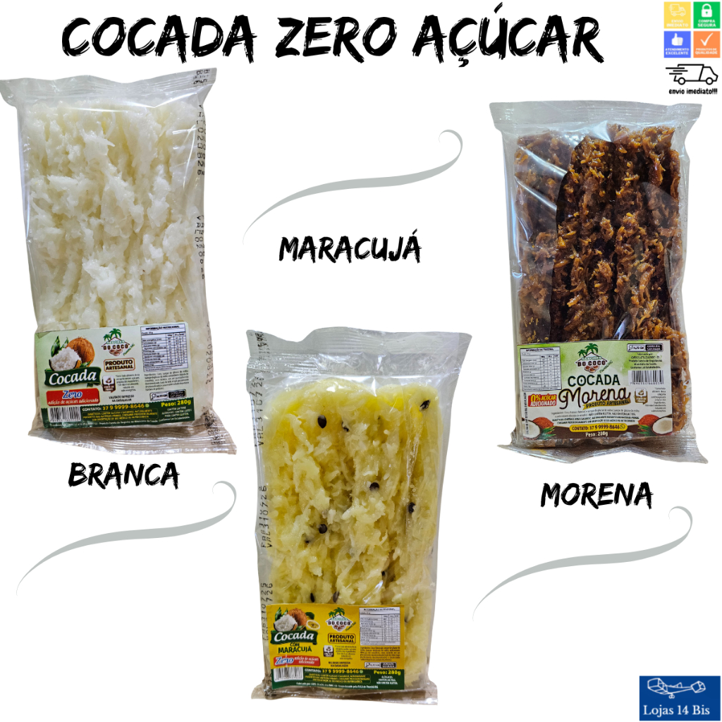 Cocada Branca Morena Maracujá 0% de Adição de Açúcar Artesanal