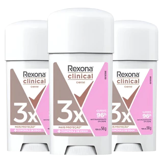 Kit 03 Desodorante Antitranspirante Creme Rexona Classic Masculino 96h 3x mais Proteção 58g Original