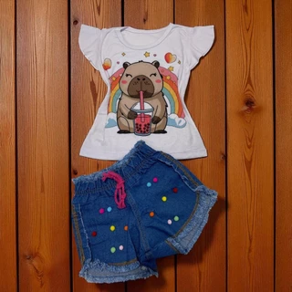 Conjunto Verão Infantil Menina Shorts Jeans & Blusa Capivara