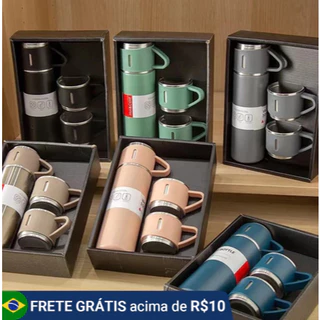 Kit de 5 unidades - Conjunto Garrafa Térmica Vacuum Bottle Inox 500ml + 3 Xícaras Bebidas Fria ou Quente
