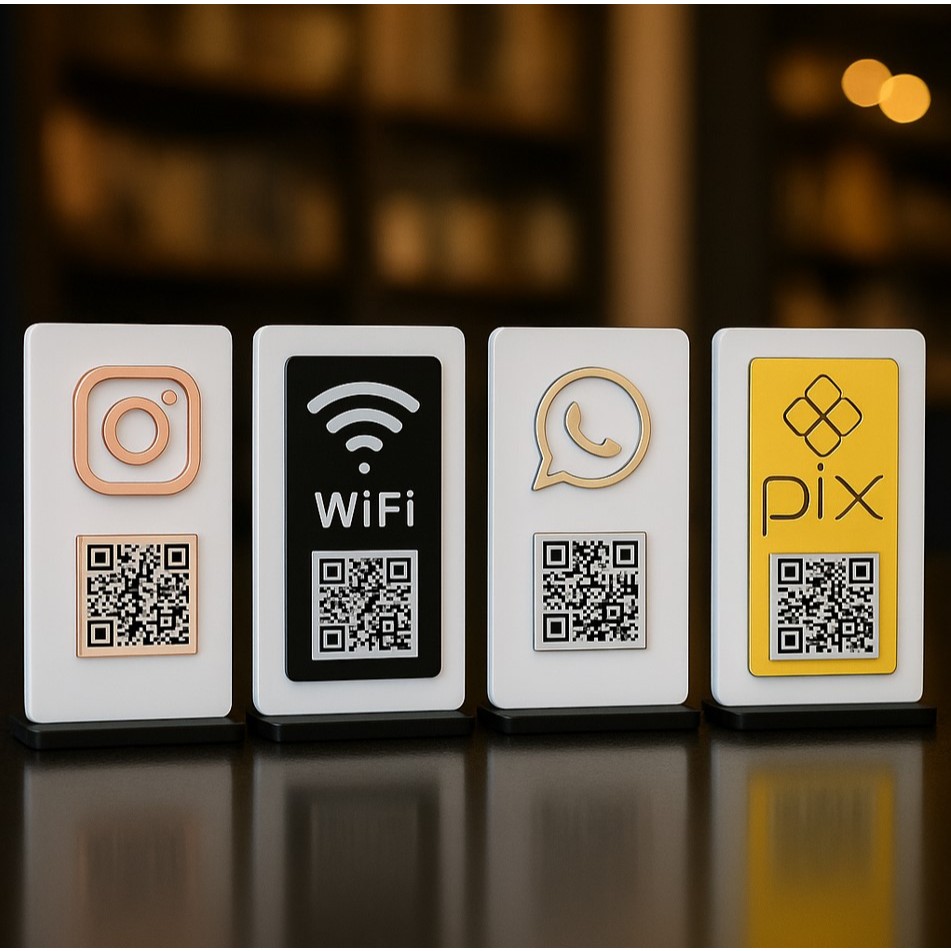 Placa de Acrílico QR CODE Dourado com Placa Pix Wifi Instagram Whatsapp ...
