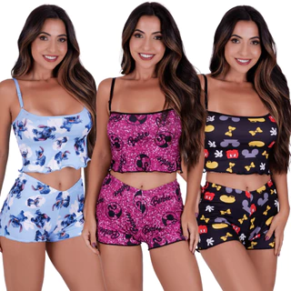 Kit 3 Conjunto Pijama Short Doll Baby Doll Alça Regulavel Feminino Estampado Sem Bojo Roupa em Oferta na Shopee