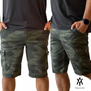 Bermuda Cargo Masculina Streetwear Camuflada Verde Militar 6 Bolsos Com Lycra Premium Lançamento