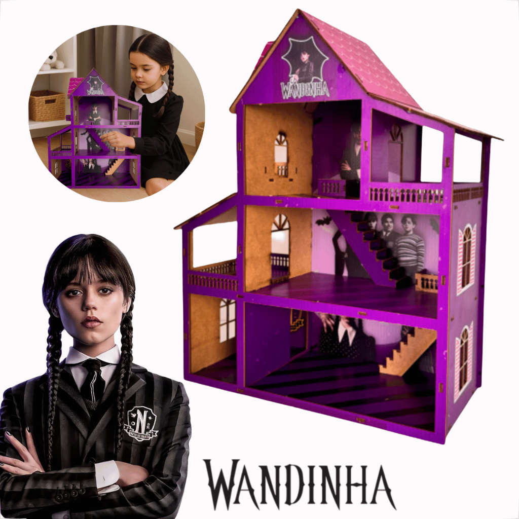 Brinquedo Infantil Casa de Bonecas Wandinha 43x33cm MDF Adesivado ...