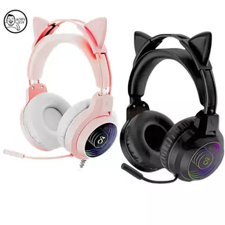 Fone De Ouvido Headset Gamer Gatinho Com Fio e Microfone RGB USB P2