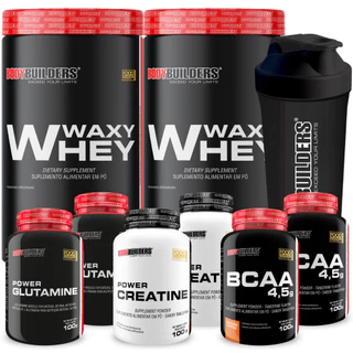 Kit 2x Waxy Whey 900g + 2x BCAA + 2x Creatina 100g + 2x Glutamina 100g + Coqueteleira - Bodybuilders em Oferta na Shopee