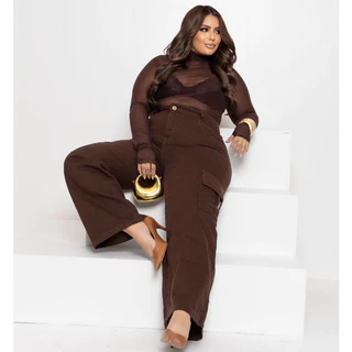 Calça Jeans Feminina Wide Leg Cargo Plus Size Marrom