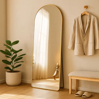 Espelho Grande Base Reta Corpo Inteiro Dourado 170x70cm Orgânico Retangular Oval Com Suporte de Chão