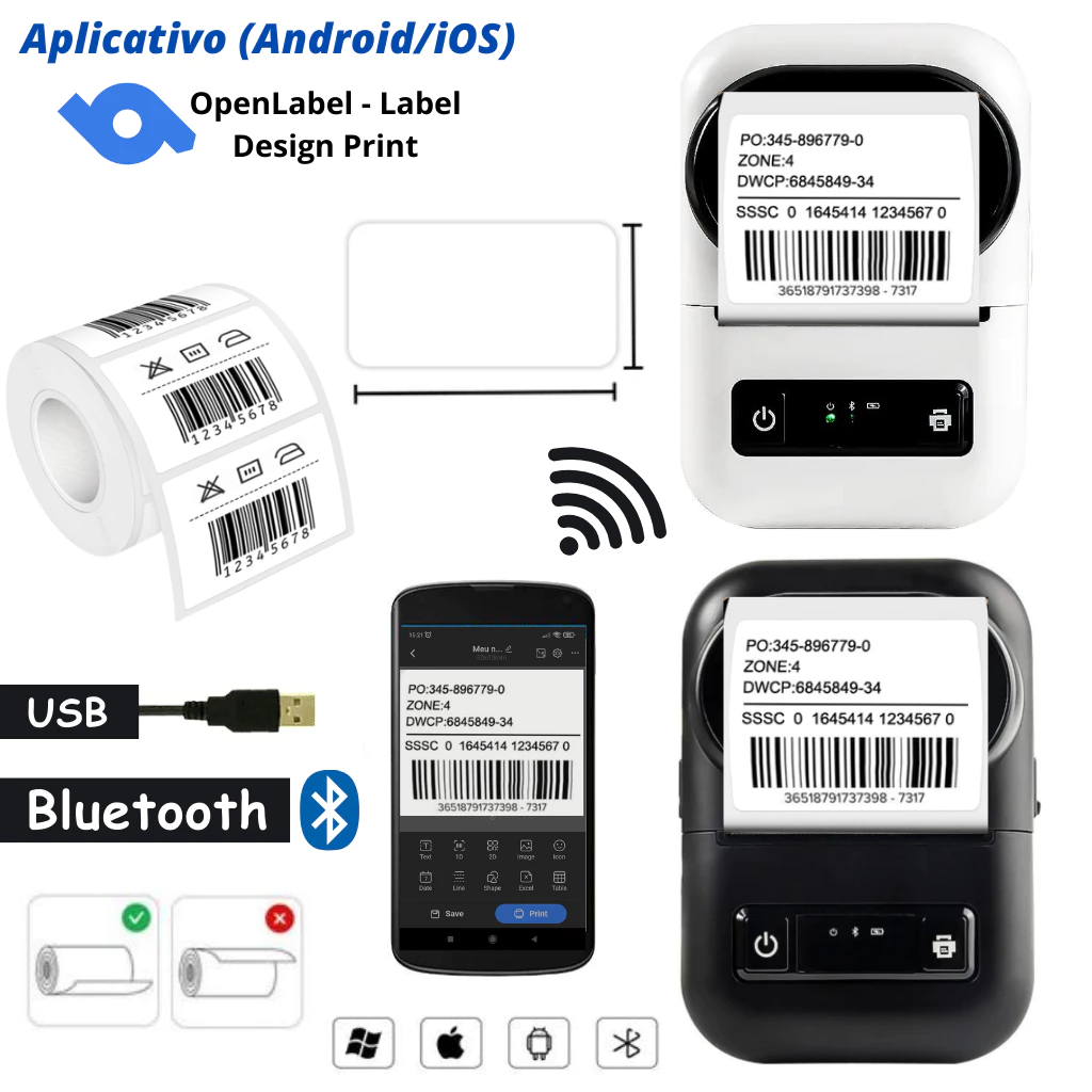 Impressora de Etiquetas Inteligente Térmica Bluetooth Sem Tinta iOS Android Com Bobina Adesiva